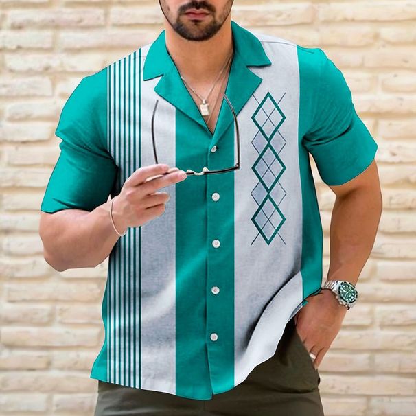 Men's Shirt Bowling Shirt Striped Pattern Cuban Collar Outdoor Casual Short Sleeve Shirt_viptrois.com