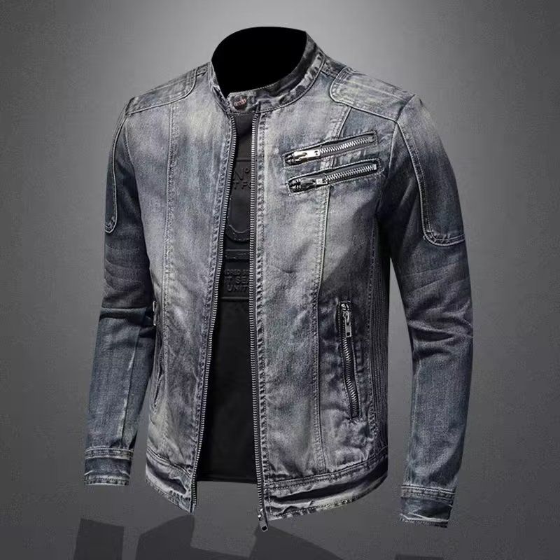 Men's Clothing Lapel Motorcycle Denim Jacket Personality Retro Slim Fit Fashion Tops Casual Coat_viptrois.com