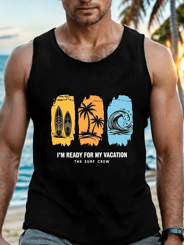Canotta Uomo Girocollo 100% Cotone Stampa Tema Surf Traspirante Senza Maniche Vacanze Spiaggia Sport Casual Multicolore_viptrois.com