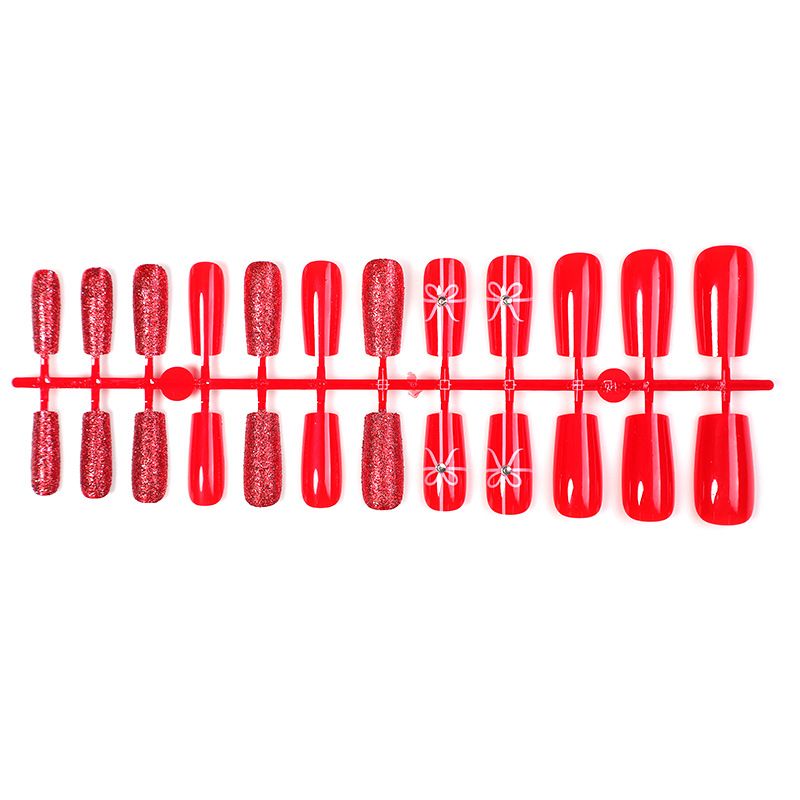 Christmas Wearable Nails 2024 New Red Glitter Bow Nail Art Wearable False Nails 24 Pieces_viptrois.com