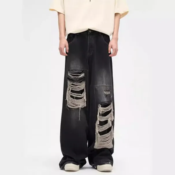 Designer Men's Jeans Black Flare Pants Men Clothing High Street Retro Baggy Harajuku Style Trend Streetwear Casual Trousers_viptrois.com