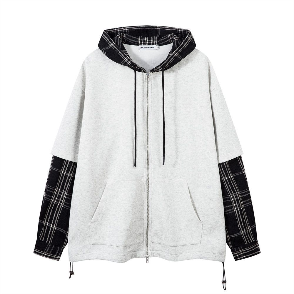 Two-Piece Hooded Cardigan Sweatshirt For Men, Spring Loose Trendy College Style, Color-Block Plaid Patchwork Long_viptrois.com