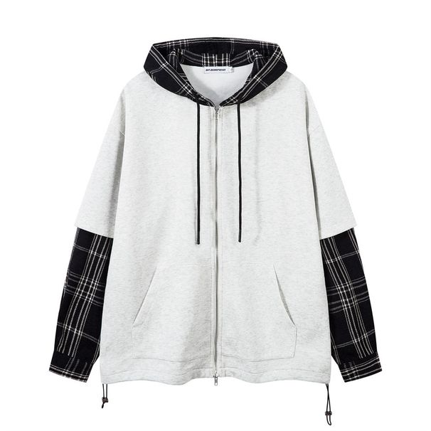 Two-Piece Hooded Cardigan Sweatshirt For Men, Spring Loose Trendy College Style, Color-Block Plaid Patchwork Long_viptrois.com