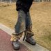 Men's Clothing Stitching Two Piece Camouflage Work Pants, Unisex Straight Leg Multi Pocket Color Blocked Jeans_viptrois.com