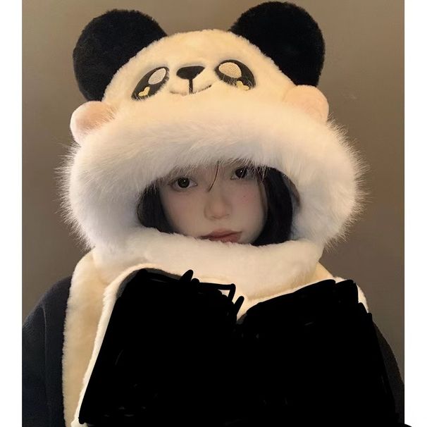 Panda plush hat one-piece women's winter Korean version cycling cute thick warm scarf gloves three piece set_viptrois.com