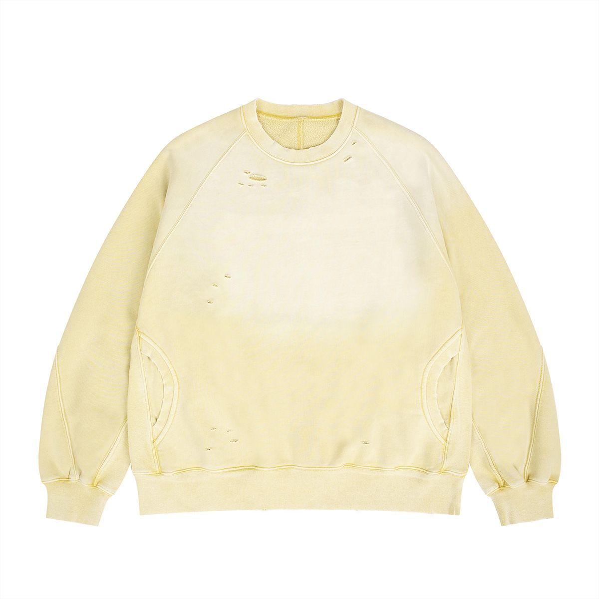Autumn Winter New Loose Gradient Vintage Patchwork Ripped Fleece Crew Neck Sweatshirt For Men_viptrois.com