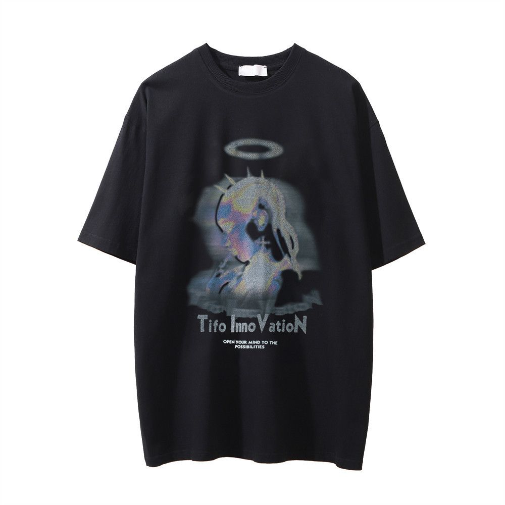 Men’s Clothing Print Short Sleeved Washed Distressed T Shirt For Men Hip Hop Street Trend Loose Five Point Sleeve T Shirt Top_viptrois.com