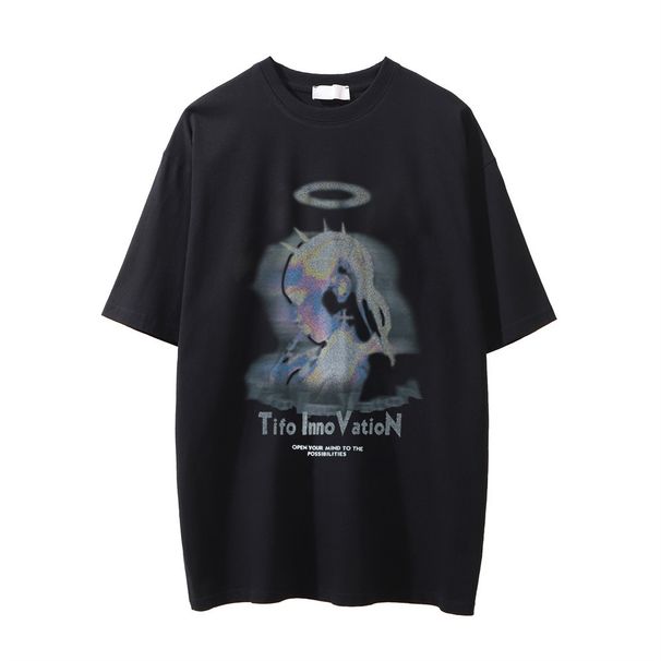 Men’s Clothing Print Short Sleeved Washed Distressed T Shirt For Men Hip Hop Street Trend Loose Five Point Sleeve T Shirt Top_viptrois.com