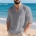 Men's Relaxed Fit V-Neck Linen Long Sleeve T-Shirt - Breathable Pure Color Casual Top For Autumn (S-XXXL)_viptrois.com