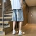 Men's Vintage Blue Washed Denim Shorts, Loose Fit Casual Cargo Shorts For Teen Boys, Summer Streetwear Fashion, Comfortable Cotton Mid-Thigh Shorts_viptrois.com