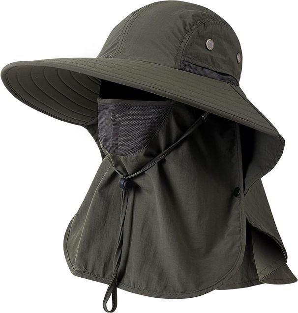 Mens Women Fishing Hat UPF 50+ Wide Brim Sun Hat With Face Cover & Neck Flap_viptrois.com