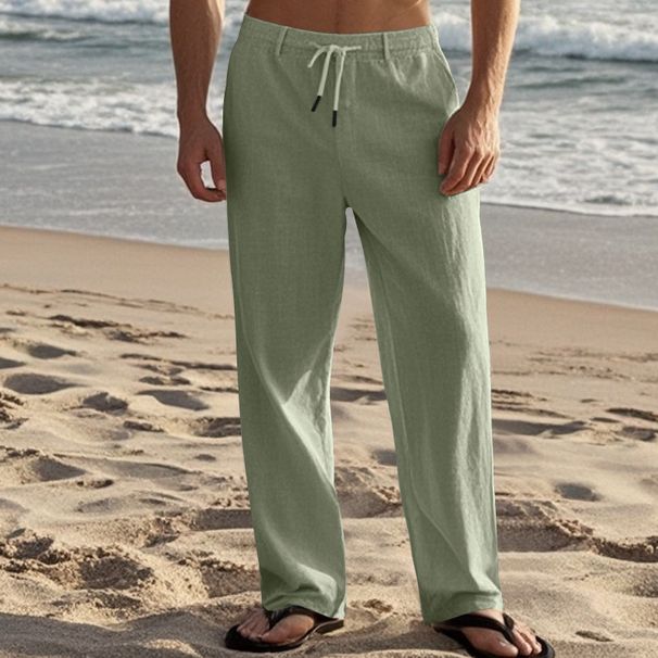 Summer Linen Men's Casual Pants Style Simple Stylish Solid Color Drawstring Straight Leg_viptrois.com