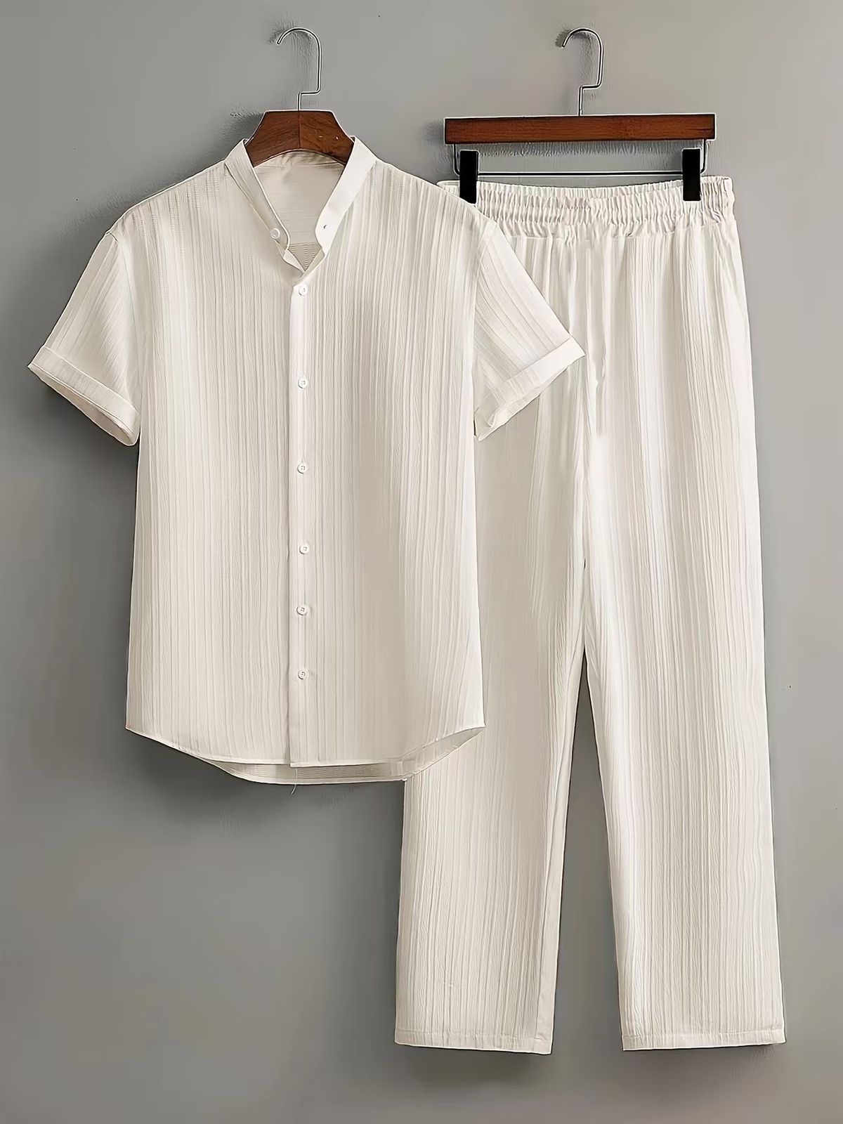 Men's Casual Multi Color Beach Wear Bamboo Wrinkled Short Sleeved Suit Two Piece Suit_viptrois.com
