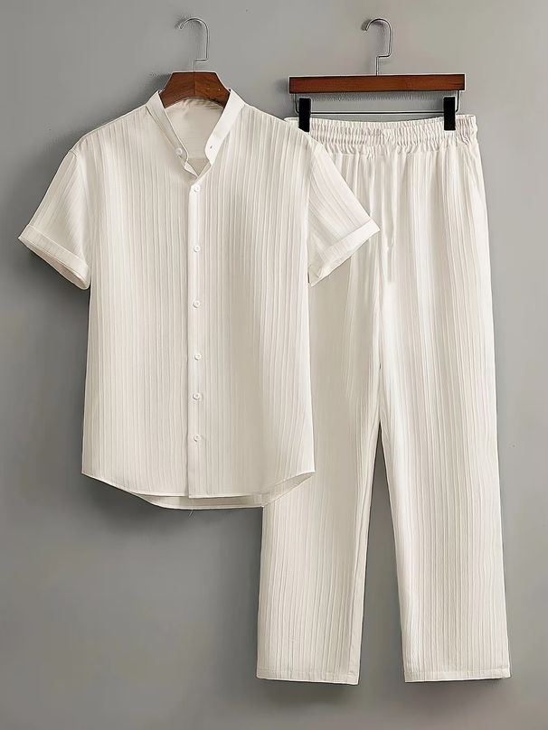 Men's Casual Multi Color Beach Wear Bamboo Wrinkled Short Sleeved Suit Two Piece Suit_viptrois.com