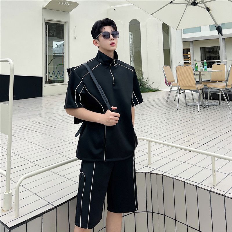 Men's Clothing Casual Sports Suit Loose Half Zip T Shirt Niche Shorts Two Piece Suit_viptrois.com