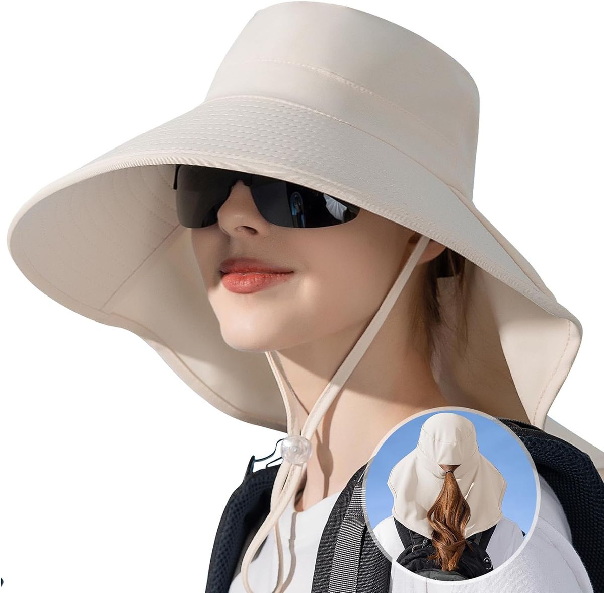 Ruqizhi Sun Hats For Women With Neck Flap Ponytail Hole Women Sun Hats Rollable UV Protection Fishing Hats Wide Brim UPF 50+_viptrois.com