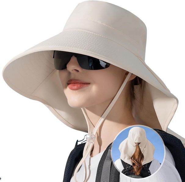 Ruqizhi Sun Hats For Women With Neck Flap Ponytail Hole Women Sun Hats Rollable UV Protection Fishing Hats Wide Brim UPF 50+_viptrois.com