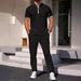 Men's Clothing Men's New Waffle Collar Color Matching Short Sleeved Trousers Two Piece Casual Suit_viptrois.com
