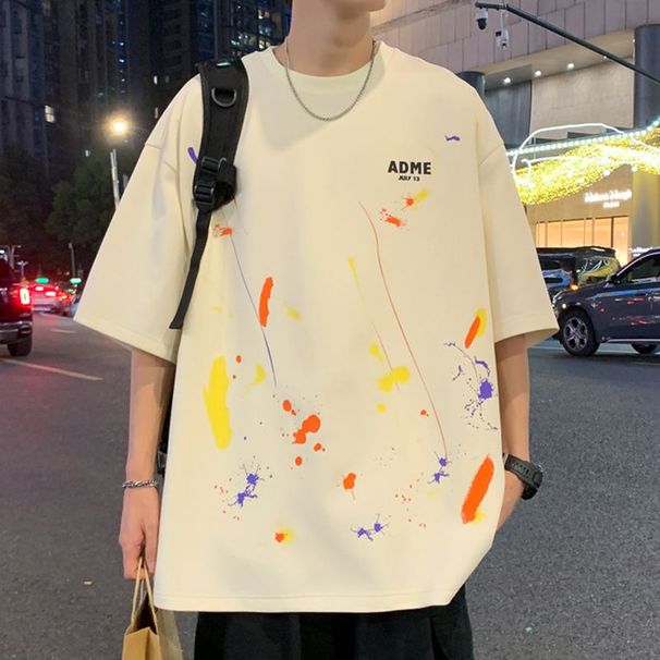 Ink Splashing Graffiti Short-sleeved T-shirt Men's Summer 2024 New American High Street Loose Large Size Half-sleeved T-shirt Casual_viptrois.com