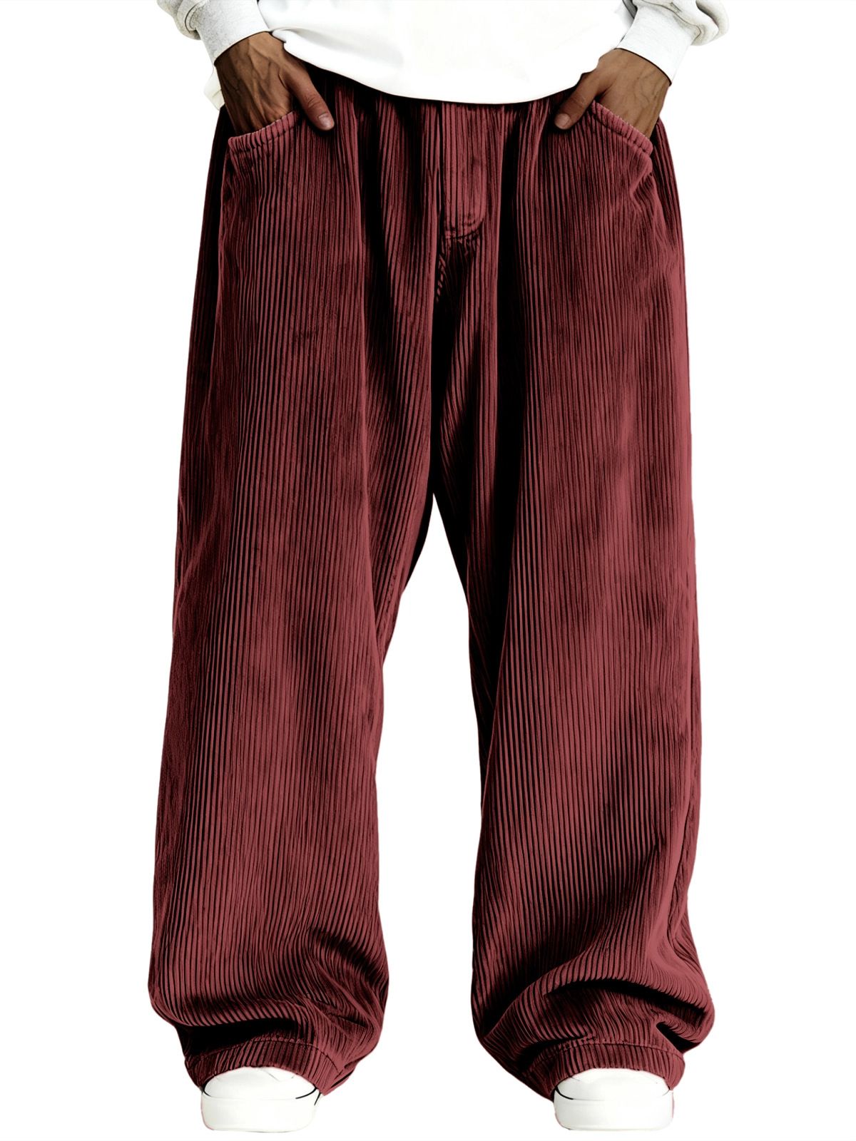 Men's Casual Corduroy Pants Straight Fit Comfortable Elastic Waistband Solid Color Trousers For Autumn Winter_viptrois.com