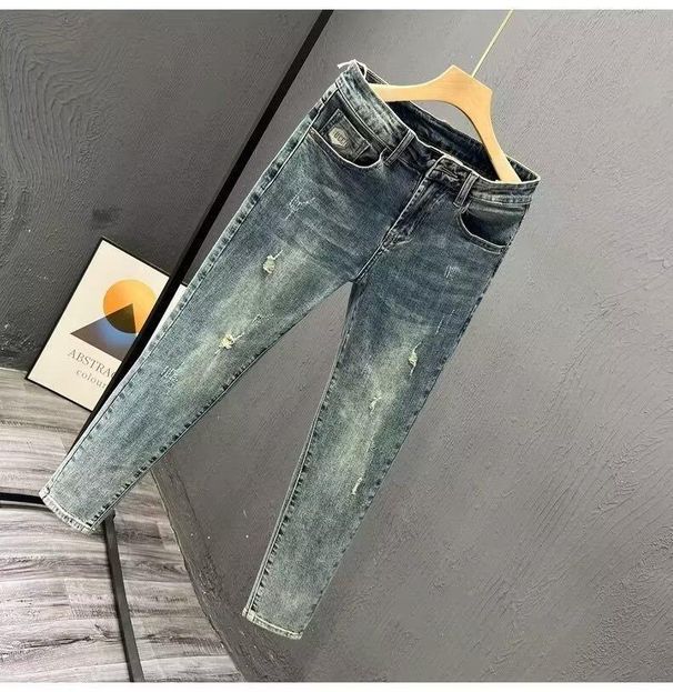 Men's Jeans Korean Style Slim Fit Youth Washed Ripped Trendy Brand Nine-Point Spring Summer New Elastic Skinny_viptrois.com