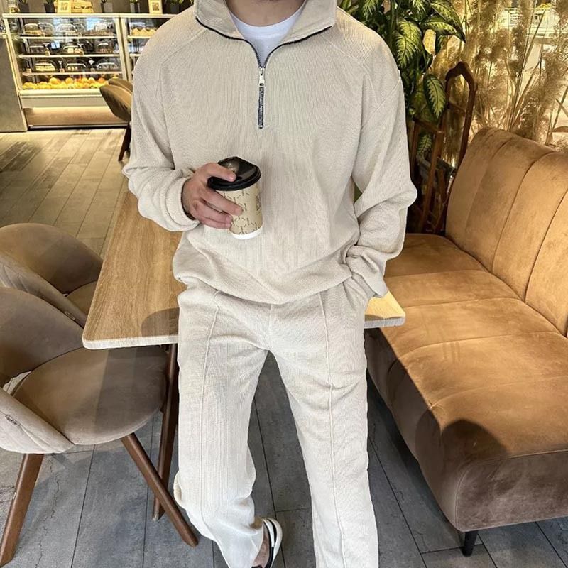 Men's Clothing Spring And Autumn New Sweatshirt Men's Ple Casual Suit Fashion Men's Stand Up Collar Half Zip Temperament Suit_viptrois.com