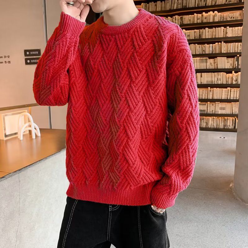 "Men's Chunky Cable Knit Sweater – Thick Winter Pullover, Classic Ribbed Design, Versatile Base Layer In Brown/Apricot/Red/Black"_viptrois.com