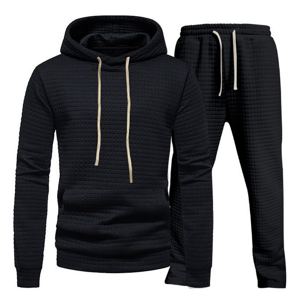 Men's Jacquard Checkered Hooded Sweatshirt & Pants Set - Casual Loungewear For Autumn ( Black/White/Khaki/Army Green/Dark Grey)_viptrois.com