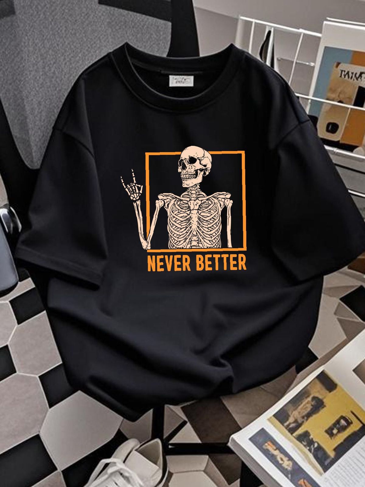 NEW LIMITED Skeleton Never Better Halloween Skeleton Funny On Hand T-Shirt Stylish Versatile Designer Clothes Summer Streetwear Stretched Unisex_viptrois.com