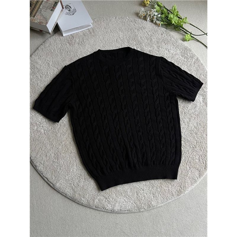 Men's Clothing Cable Knit Short Sleeved Summer Design High End Handsome Straight Shoulder Old Money Style Slim T Shirt_viptrois.com