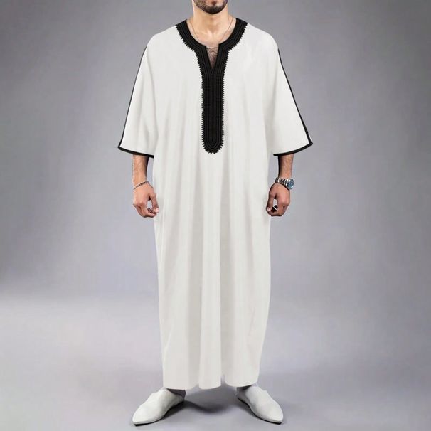 Elegant Embroidered Middle Eastern Thobe For Men – Breathable Polyester, Loose Fit, Traditional Design For Casual Wear (Green, White, Black, Navy)_viptrois.com