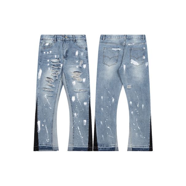 Men's Clothing Hot Selling Denim Pants Distressed Ink Splashing High Street Vibe Straight Wide Leg_viptrois.com