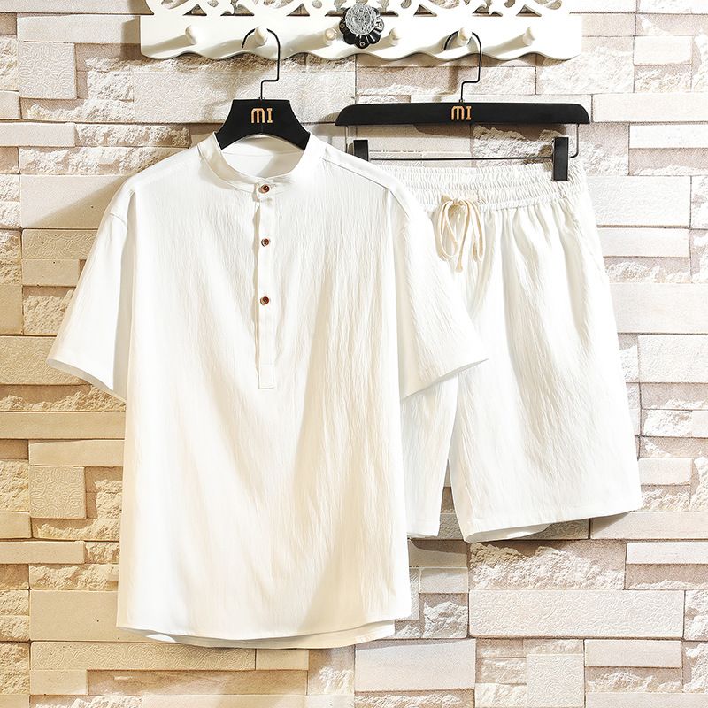 Men's Clothing Style Trend Sports Leisure Suit Solid Color Cotton And Linen Korean Version Stand Collar Short Sleeve T Shirt Two Piece Suit_viptrois.com