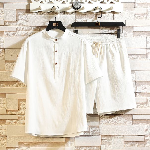 Men's Clothing Style Trend Sports Leisure Suit Solid Color Cotton And Linen Korean Version Stand Collar Short Sleeve T Shirt Two Piece Suit_viptrois.com