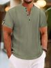 Men's Clothing Summer Polyester Cotton Short Sleeve Button Pleated Solid Color V Neck Casual Style Henry Shirt_viptrois.com