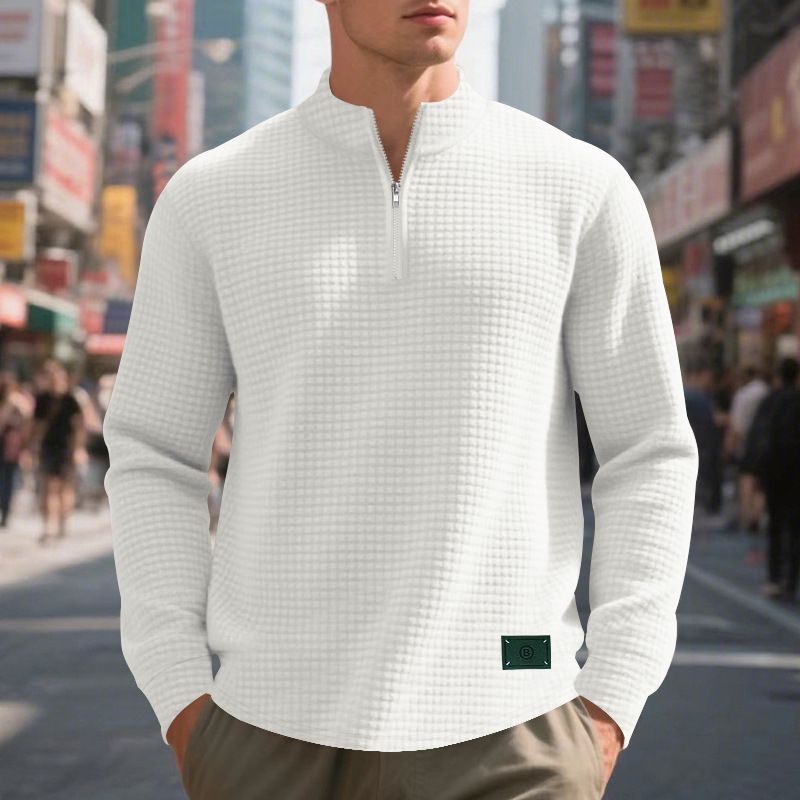 American Style Spring And Autumn Simple Casual Men's Loose Jacquard Stand Collar Half-Zip Base Shirt Sweatshirt For Men_viptrois.com