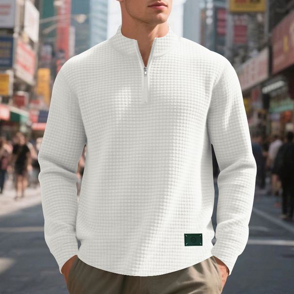 American Style Spring And Autumn Simple Casual Men's Loose Jacquard Stand Collar Half-Zip Base Shirt Sweatshirt For Men_viptrois.com