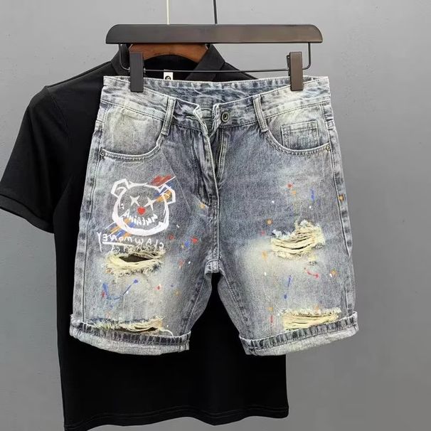 Men's Clothing Summer Thin Fashion Ripped Patch Denim Shorts Men's Trendy Brand All Match Cat Whisker Distressed Beggar Five Point Pants_viptrois.com