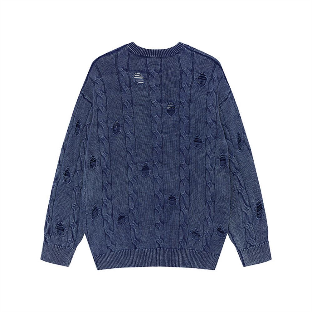 Loom Twisted Cable Knit Distressed Sweater Men's Punk European And American Street Style Casual Loose Long Sleeve Crew Neck_viptrois.com