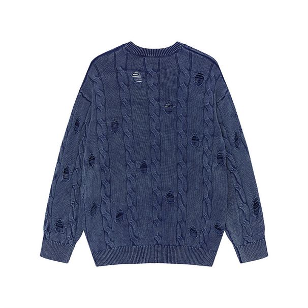 Loom Twisted Cable Knit Distressed Sweater Men's Punk European And American Street Style Casual Loose Long Sleeve Crew Neck_viptrois.com