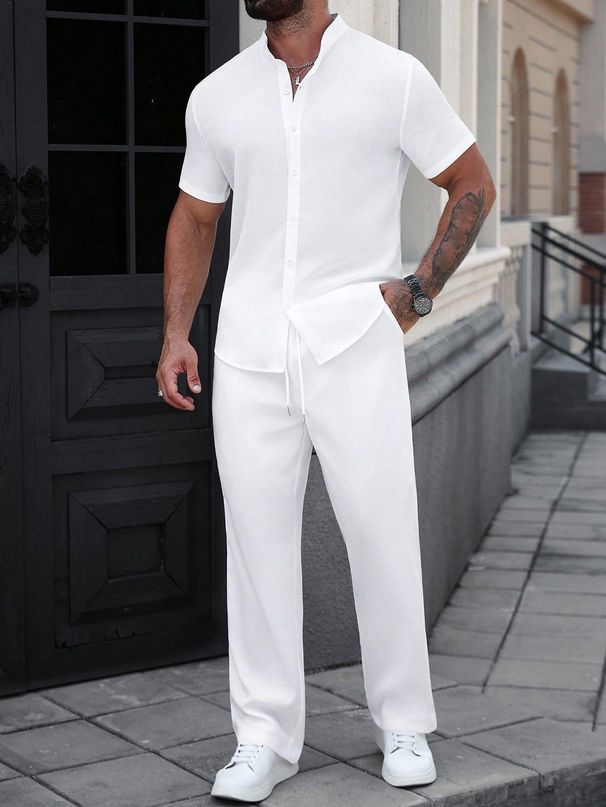 Summer 2-Piece Set Casual Men's Solid Color Textured Shirt And Trousers Simple No Details Short Sleeve_viptrois.com
