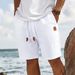 Men's Straight Leg Linen Beach Pants Summer Casual Sports Shorts Mid Length With Leather Trim Loose Fit Five Point_viptrois.com