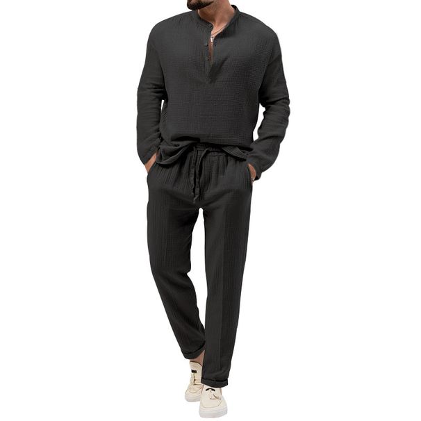 Men's Clothing Solid Color Casual T Shirt Long Sleeved Shirt Trousers Suit_viptrois.com