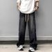 Retro Light Blue Men's Jeans High Street Hip Hop Stacked Design Straight Leg Loose Fit_viptrois.com