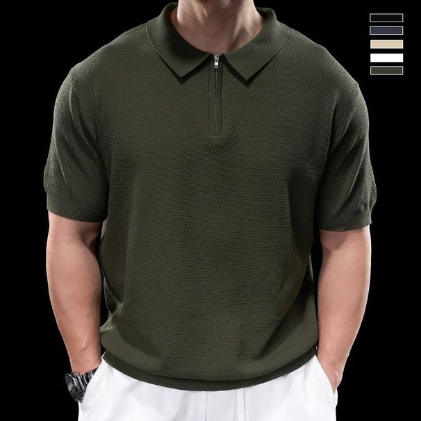 Men's Retro Knitted Polo Shirt - Slim Fit Short Sleeve Lapel Top For Summer_viptrois.com