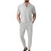Men's Sets 2024 Autumn New Men's Solid Color Waffle Polo Neck Short Sleeve Zipper Pants Set_viptrois.com