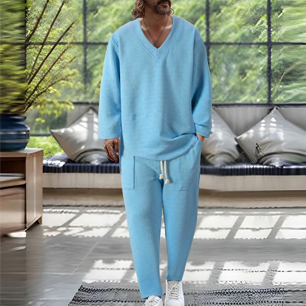 Autumn New Men's Textured Solid Color V Neck Pullover Long Sleeved Trousers Suit_viptrois.com