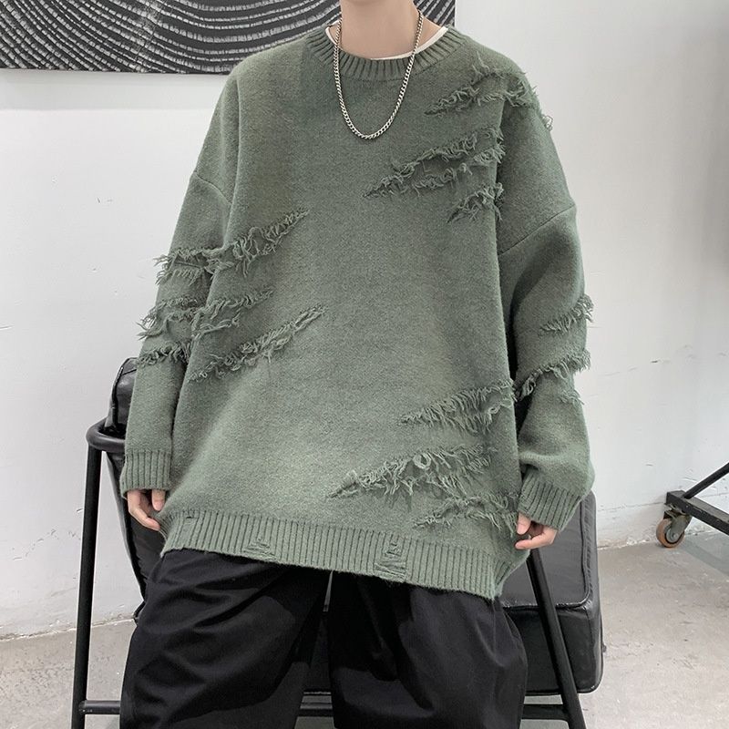 Loom Distressed Sweater Men Autumn Winter Japanese Retro Casual Split Knitwear Ins Trendy Loose Knit Jacket_viptrois.com