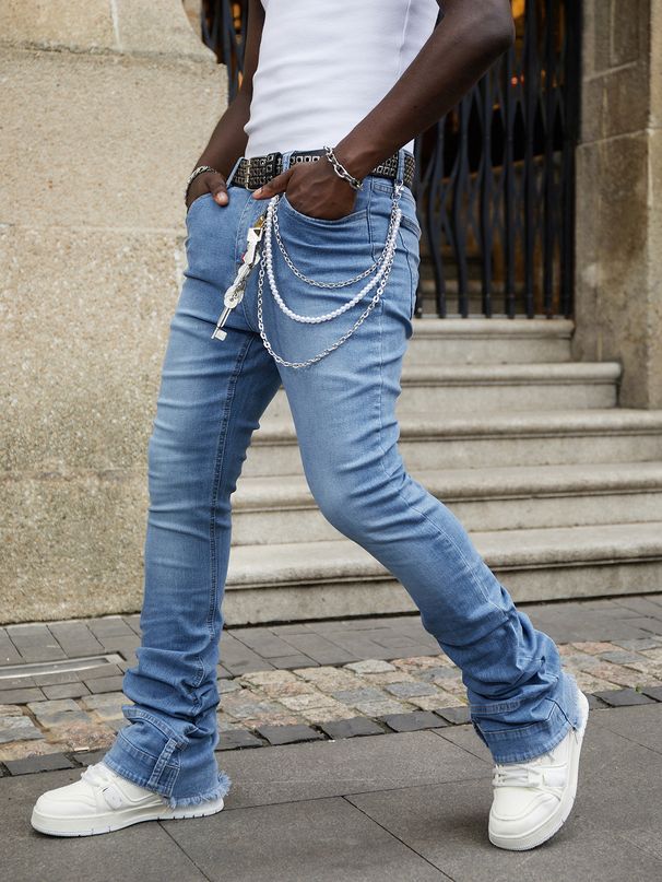 2026 Cross-Border New Men's Straight-Leg European And American Street Fashion Ins Hot-Selling Elastic Patchwork Denim Stacked_viptrois.com