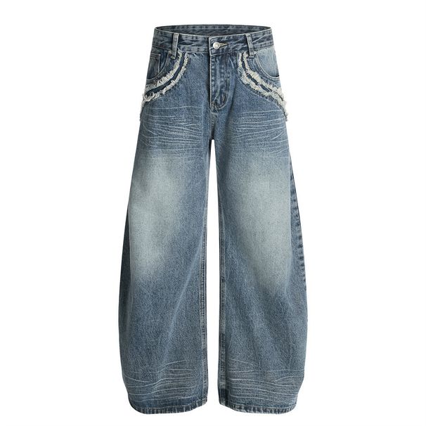 Washed Vintage Scimitar Jeans For Men, Trendy Punk Style, Frayed Edge Patchwork Design, Oversized Banana Wide-Leg Pants_viptrois.com